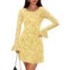 imageZESICA Fall Mini Dresses for Women 2025 Long Sleeve Floral Mesh Crewneck Bodycon Cocktail Party Club Short DressYellow