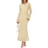 imageZESICA Womens Long Sleeve Floral Bodycon Dress 2025 Fall Fashion Ruched Mesh Wedding Guest Cocktail Party Maxi DressesBeige Yellow