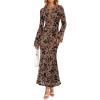 imageZESICA Womens Long Sleeve Floral Bodycon Dress 2025 Fall Fashion Ruched Mesh Wedding Guest Cocktail Party Maxi DressesKhaki