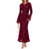 imageZESICA Womens Long Sleeve Floral Bodycon Dress 2025 Fall Fashion Ruched Mesh Wedding Guest Cocktail Party Maxi DressesRed
