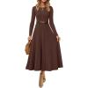 imageZESICA Womens Long Sleeve Midi Sweater Dress 2025 Fall Crewneck Knit A Line Pleated Flowy Long Dresses with BeltCoffee