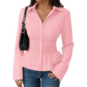 imageZESICA Womens 2025 Fall Long Sleeve Blouse Business Dressy Casual Button Down Shirts Peplum Tops Fashion Trendy ClothesPink