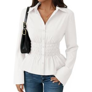 imageZESICA Womens 2025 Fall Long Sleeve Blouse Business Dressy Casual Button Down Shirts Peplum Tops Fashion Trendy ClothesWhite