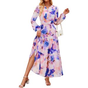 imageZESICA Womens 2025 Fall Long Sleeve Maxi Dress Floral Print V Neck Empire Waist A Line Tiered Flowy Boho Party DressesPurple