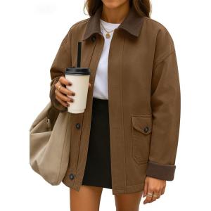 imageZESICA Womens Lightweight Trendy Jackets 2025 fall Contrast Collar Zip Up Cotton Oversized Casual Cargo Barn JacketBrown