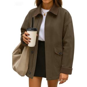 imageZESICA Womens Lightweight Trendy Jackets 2025 fall Contrast Collar Zip Up Cotton Oversized Casual Cargo Barn JacketCoffee