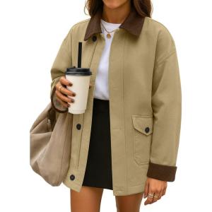 imageZESICA Womens Lightweight Trendy Jackets 2025 fall Contrast Collar Zip Up Cotton Oversized Casual Cargo Barn JacketKhaki