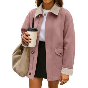 imageZESICA Womens Lightweight Trendy Jackets 2025 fall Contrast Collar Zip Up Cotton Oversized Casual Cargo Barn JacketPink