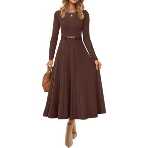 imageZESICA Womens Long Sleeve Midi Sweater Dress 2025 Fall Crewneck Knit A Line Pleated Flowy Long Dresses with BeltCoffee