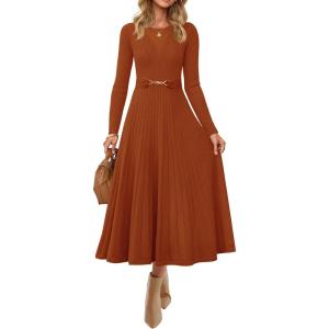 imageZESICA Womens Long Sleeve Midi Sweater Dress 2025 Fall Crewneck Knit A Line Pleated Flowy Long Dresses with BeltRust