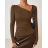 imageZESICA Womens Long Sleeve Asymmetrical Neck Ruched Slim Fit Shirts 2025 Fall Fashion Casual Tee Going Out TopsBrown