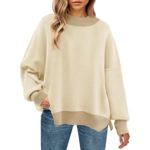 imageZESICA Womens Fall 2025 Oversized Sweaters Long Sleeve Color Block Mock Neck Side Slit Comfy Loose Knitted Pullover TopsApricot