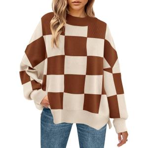 imageZESICA Womens Fall 2025 Oversized Sweaters Long Sleeve Color Block Mock Neck Side Slit Comfy Loose Knitted Pullover TopsCaramel