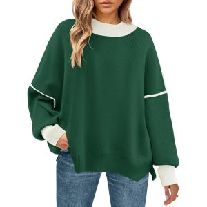 imageZESICA Womens Fall 2025 Oversized Sweaters Long Sleeve Color Block Mock Neck Side Slit Comfy Loose Knitted Pullover TopsDark Green