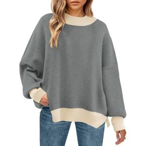 imageZESICA Womens Fall 2025 Oversized Sweaters Long Sleeve Color Block Mock Neck Side Slit Comfy Loose Knitted Pullover TopsDark Grey