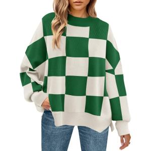 imageZESICA Womens Fall 2025 Oversized Sweaters Long Sleeve Color Block Mock Neck Side Slit Comfy Loose Knitted Pullover TopsGreen