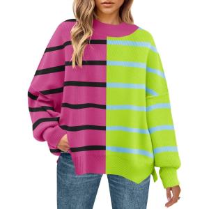 imageZESICA Womens Fall 2025 Oversized Sweaters Long Sleeve Color Block Mock Neck Side Slit Comfy Loose Knitted Pullover TopsRose