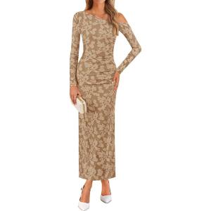 imageZESICA Womens Fall Floral Off Shoulder Bodycon Maxi Dresses 2025 Long Sleeve Ruched Elegant Cocktail Party DressKhaki