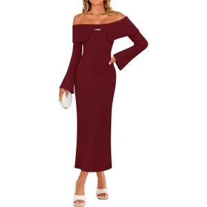 imageZESICA Womens Fall Off Shoulder Sweater Dress 2025 Bell Long Sleeve Ribbed Knit Bodycon Formal Maxi DressesWine