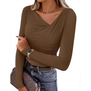 imageZESICA Womens Long Sleeve Asymmetrical Neck Ruched Slim Fit Shirts 2025 Fall Fashion Casual Tee Going Out TopsBrown