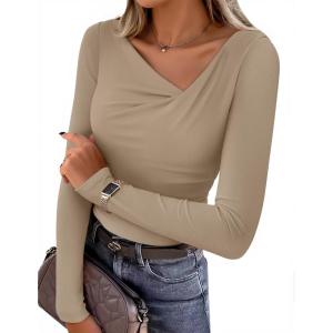 imageZESICA Womens Long Sleeve Asymmetrical Neck Ruched Slim Fit Shirts 2025 Fall Fashion Casual Tee Going Out TopsKhaki