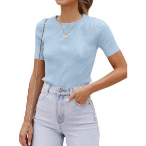 imageZESICA Womens Short Sleeve Sweater Tops 2025 Summer Crewneck T Shirt Ribbed Knit Slim Fit Basic Solid Color TeeSkyblue