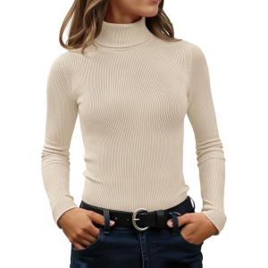 imageZESICA Womens Turtleneck Long Sleeve Shirts 2025 Fall Trendy Tops Slim Fitted Ribbed Knit Basic Casual SweaterApricot