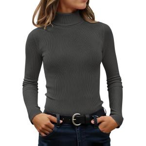 imageZESICA Womens Turtleneck Long Sleeve Shirts 2025 Fall Trendy Tops Slim Fitted Ribbed Knit Basic Casual SweaterCharcoal