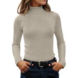 imageZESICA Womens Turtleneck Long Sleeve Shirts 2025 Fall Trendy Tops Slim Fitted Ribbed Knit Basic Casual SweaterOats