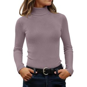 imageZESICA Womens Turtleneck Long Sleeve Shirts 2025 Fall Trendy Tops Slim Fitted Ribbed Knit Basic Casual SweaterTaro
