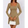 imageZESICA Womens 2025 Fall Long Sleeve Bodycon Mini Dress Casual Square Neck Slim Fit Cocktail Party Short DressesKhaki