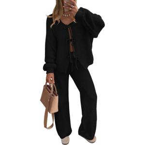 imageZESICA Womens 2 Piece Outfits Lounge Pajama Sets 2025 Fall Long Sleeve Cardigans Wide Leg Pants Matching Winter ClothesBlack