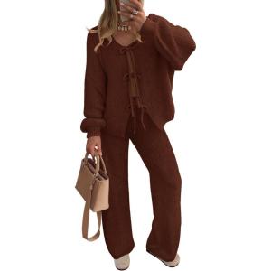 imageZESICA Womens 2 Piece Outfits Lounge Pajama Sets 2025 Fall Long Sleeve Cardigans Wide Leg Pants Matching Winter ClothesCaramel