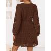 imageZESICA Womens Long Sleeve Mini Dress 2025 Fall Crewneck Tie Front Hollow Out Eyelet Babydoll A Line Short DressesBrown