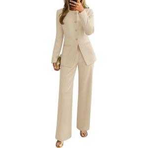 imageZESICA Womens 2025 Fall Two Piece Suits Set Casual Business Long Sleeve Blazer Jacket Wide Leg Pants Work Outfits SetsApricot