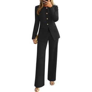 imageZESICA Womens 2025 Fall Two Piece Suits Set Casual Business Long Sleeve Blazer Jacket Wide Leg Pants Work Outfits SetsBlack