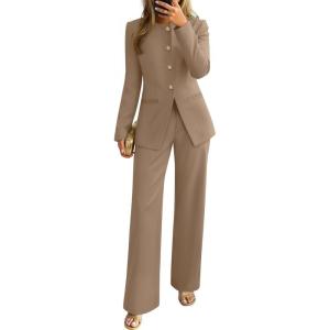 imageZESICA Womens 2025 Fall Two Piece Suits Set Casual Business Long Sleeve Blazer Jacket Wide Leg Pants Work Outfits SetsKhaki