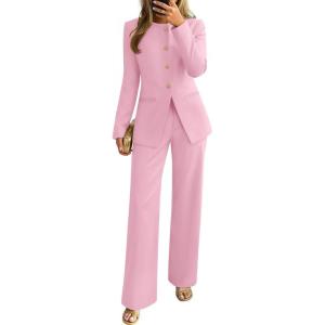 imageZESICA Womens 2025 Fall Two Piece Suits Set Casual Business Long Sleeve Blazer Jacket Wide Leg Pants Work Outfits SetsPink