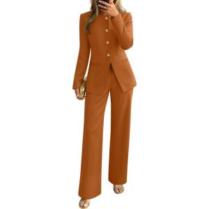 imageZESICA Womens 2025 Fall Two Piece Suits Set Casual Business Long Sleeve Blazer Jacket Wide Leg Pants Work Outfits SetsRust